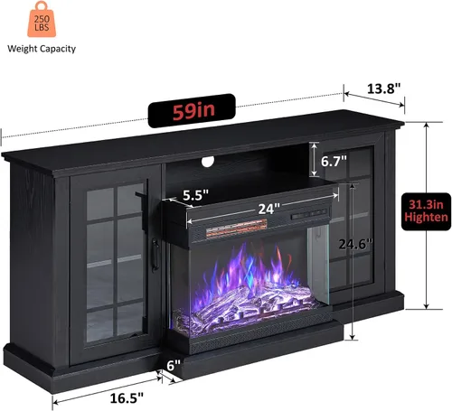 Miniatura 4 de LUXOAK Soporte de TV para Chimenea con Chimenea Eléctrica de Vidrio de 3 Lados, Centro de Entretenimiento Multimedia de 59" con Gabinete de Negro
