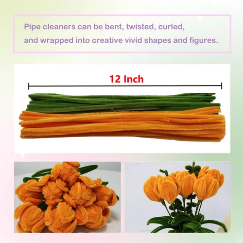 Miniatura 3 de Juego de 200 limpiapipas naranja verde oliva con alambres florales y cinta de jardinería, tallos de felpilla para hacer ramos de tulipanes, caqui