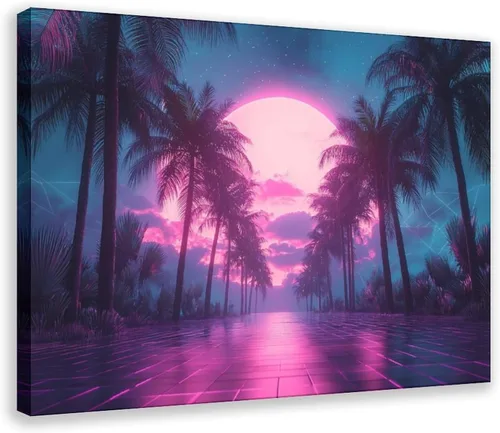 XAHOR Neon Vaporwave Art Print – Retro Digital Aesthetic Wall Decor – Surreal Cyber Dream Poster Canvas Poster Bedroom Decor Sports Landscape Office