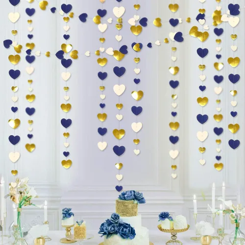 Miniatura 3 de 52 pies Guirnalda de corazón de amor dorado azul marino para decoración de fiesta del día de San Valentín Bandera de serpentina colgante azul real