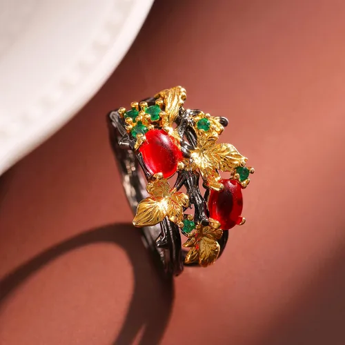 Miniatura 6 de Gothic Ruby Black Rings Women - Colorful Rhinestone Golden Leaf Copper Rings