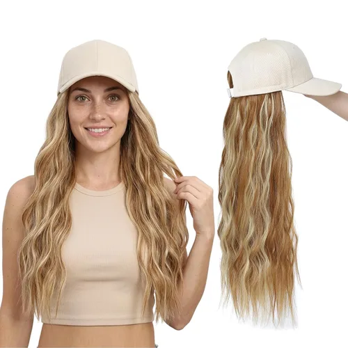 Miniatura 12 de Gorra de béisbol con peluca y extensiones de cabello, con piezas de cabello sintético marrón resistente al calor unidas, para mujeres y niñas