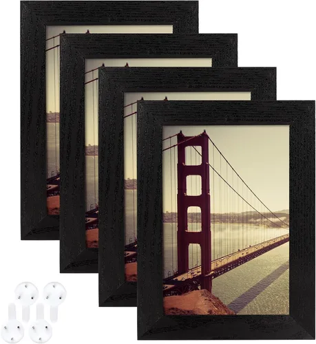 BAIJIALI Juego de 4 portarretratos de 4 x 6 con patrón de madera negra, para exhibir fotos de 3.5 x 5 con paspartú o 4 x 6 sin paspartú, formatos