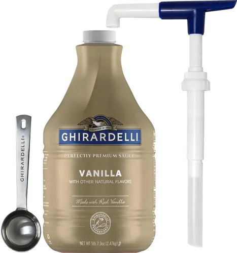 Miniatura 12 de Ghirardelli Salsa de caramelo, botella de 87.3 onzas (5 libras 7.3 onzas) con cuchara y bomba de barista estampada Ghirardelli