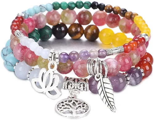 UEUC - Pulseras Reiki, apilables, de piedras curativas, cristales, con dije del árbol de la vida, yoga y hoja de loto, contra la ansiedad y para el