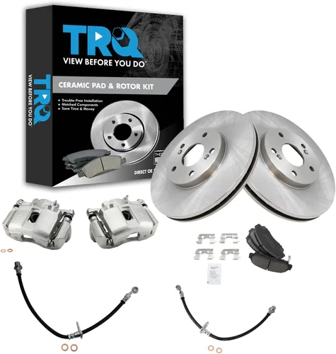 Miniatura 45 de TRQ Juego de pastillas de freno delanteras y rotores de cerámica, pinzas, mangueras, compatibles con Honda Odyssey 2005-2010