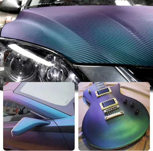 Envoltura de Vinilo de Fibra de Carbono, Envoltura de Vinilo Púrpura Brillante para Automóvil, Encantador Camaleón Azul a Púrpura Autoadhesivo 1 pie