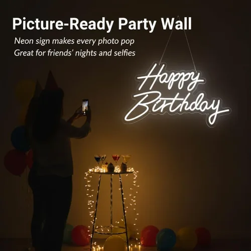 Miniatura 6 de HMT - Letrero de neón con texto en inglés "Happy Birthday", alimentado por USB, de 19.6 x 11.8 pulgadas, letrero grande con luz LED para telón