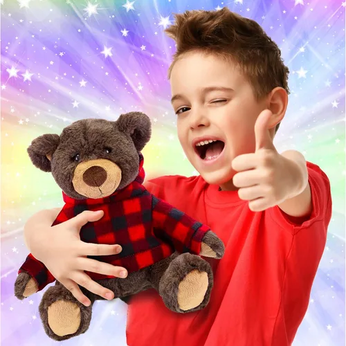 Miniatura 2 de DolliBu Oso marrón de felpa con capucha a cuadros rojos, oso suave y abrazable, adorable peluche de oso marrón del zoológico, bonito regalo