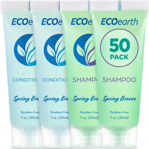 EcoEarth Juego de champú y acondicionador de viaje (1 onza líquida, 100 piezas, brisa de primavera), deleita a tus invitados con un artículos de