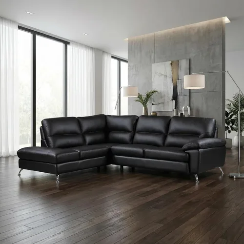 Miniatura 4 de Cortesi Home Sofá modular Boston contemporáneo de cuero genuino con diván izquierdo, negro 80 x 98 pulgadas