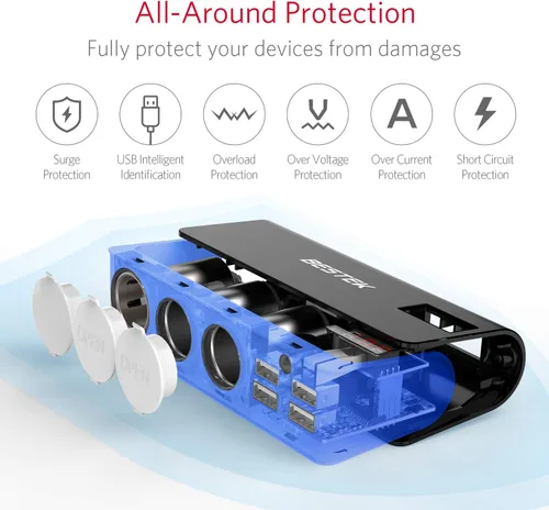 Miniatura 4 de BESTEK Divisor de encendedor de cigarrillos de 200 W con 4 x 2.4 A USB-A y adaptador de encendedor de cigarrillos de 3 enchufes para cámara de Blanco