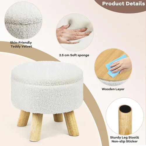 Miniatura 7 de OGEMXU Reposapiés otomano, otomana redonda pequeña con almacenamiento, taburete Boucle de terciopelo con patas de madera, otomana de almacenamiento