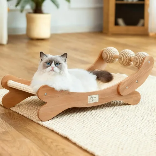 Sisal - Cama rascador para gatos con 3 bolas de juguete para gatos de interior, hamaca 3 en 1 de madera duradera y almohadilla para rascar - muebles