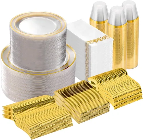 Goodluck 700 platos de plástico dorado transparente para 100 invitados