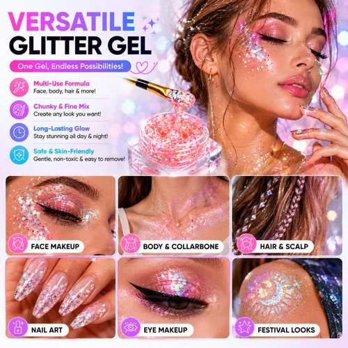 Miniatura 6 de 12 colores de gel con purpurina que brilla en la oscuridad, reactiva a la luz negra UV, para rostro y cuerpo, no necesita pegamento, grado cosmético