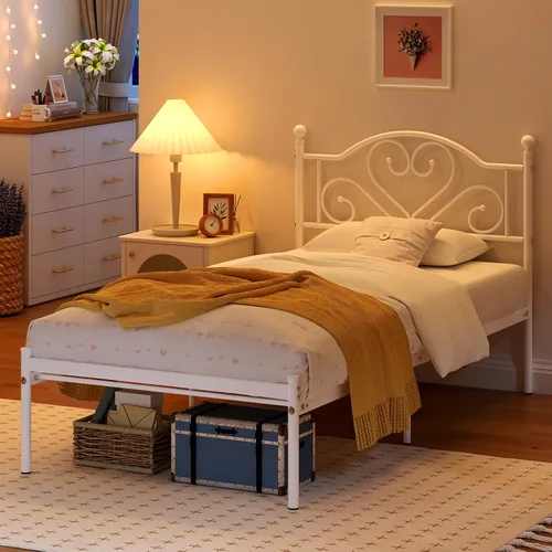 Miniatura 7 de Weehom Base de cama individual con cabecero, plataforma de metal resistente debajo de la cama, espacio de almacenamiento fácil de montar para niños
