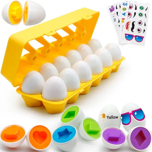 MOONTOY Huevos a juego para niños pequeños de 1 a 3 años, 12 unidades de aprendizaje educativo preescolar, clasificador de colores y formas, juguete