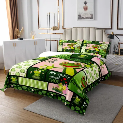 Miniatura 3 de Manfei Juego de colcha de verano con diseño de ranas de dibujos animados, diseño de animales de estanque, decoración de habitación de niños, niñas