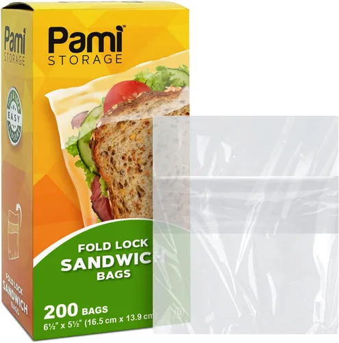 PAMI Bolsas de sándwich plegables [200 piezas], bolsas de plástico desechables sin cremallera, bolsas plegables fáciles de abrir para almuerzo,