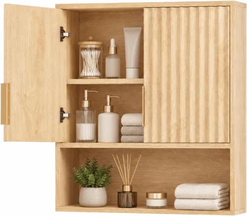 Miniatura 14 de VINGLI Armario de pared de baño, botiquín negro con estante abierto y 2 puertas, organizador de almacenamiento ajustable para colgar sobre