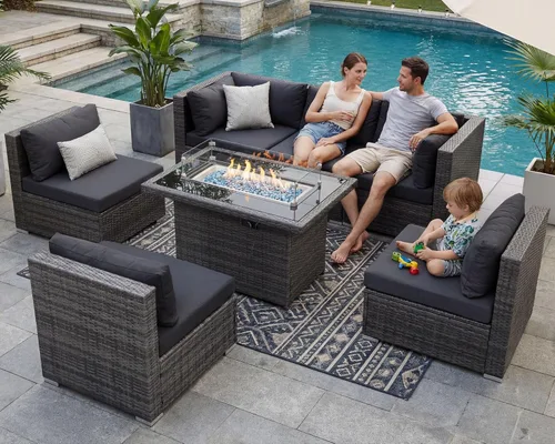 Miniatura 59 de NICESOUL Juego de muebles de patio para exteriores de 7 piezas con mesa para hoguera, gas natural y propano convertible, respaldo alto de 29.3