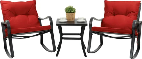 Miniatura 9 de Kozyard Juego de 3 sillas mecedoras para exteriores con mesa auxiliar y cojines, juego de muebles de mimbre para jardín, porche, patio trasero