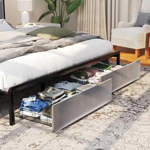 Miniatura 6 de Ailisite Marco de cama plataforma tamaño Queen con cabecero y cajones de almacenamiento, marco de cama plataforma tapizado gris con puerto de carga