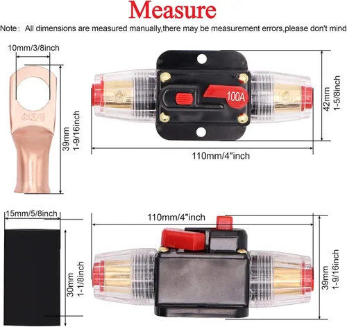 Miniatura 5 de Paquete de 2 disyuntores de 100 amperios y 12 voltios con reinicio manual, portafusibles en línea de 100 A 0-8 Awg para audio de automóvil, barco