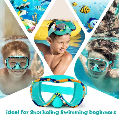 Miniatura 3 de Gafas de natación para niños con cubierta para la nariz, máscara de esnórquel panorámica de 180° con diseño antivaho y antifugas, correa de tela