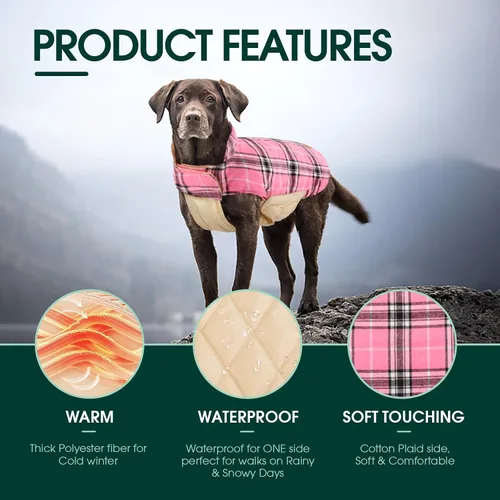 Miniatura 3 de Kuoser - Abrigo impermeable de invierno para perro, chaqueta reversible estilo británico, ropa para perro a cuadros, abrigo de nieve acogedor