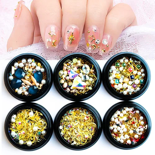 Miniatura 2 de 6 cajas de dijes de uñas 3D dorados, dijes de arte de uñas con parte trasera plana, joyas de diamantes de imitación para uñas, gemas de uñas
