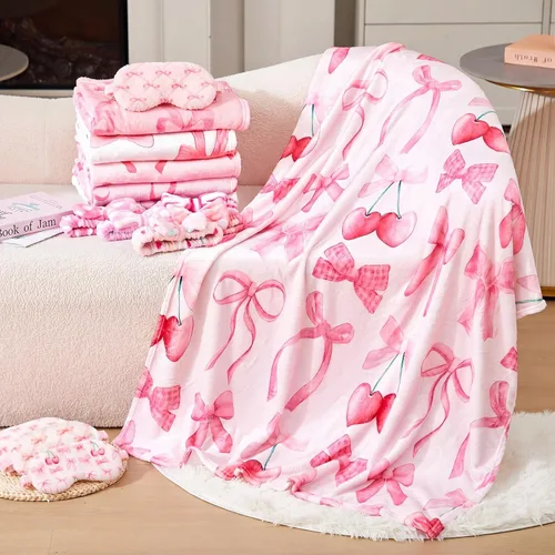 Miniatura 4 de Fanfanwin 18 piezas de suministros para fiesta de pijamas para niñas, 6 estilos de linda manta con lazo rosa, 6 cintas para la cabeza de spa