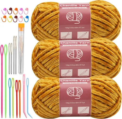 Miniatura 10 de LUNARM Hilado de chenilla para tejer y hacer ganchillo, 3 madejas de 240 metros de hilo grueso, suave y voluminoso, para tejer mantas, ropa y Beige