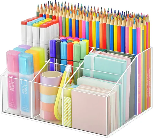Miniatura 8 de VITVITI Organizador de escritorio acrílico, organizador de lápices transparente mejorado para escritorio, 7 compartimentos estacionarios