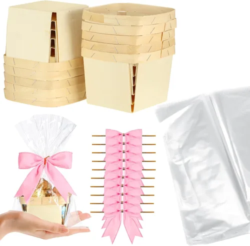 Miniatura 11 de Yerliker Juego de 10 mini cestas de madera para regalos, canastas pequeñas vacías de 4 pulgadas, lazos de bayas, bolsas transparentes para dulces