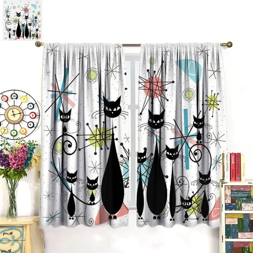 Miniatura 3 de Cortinas de estilo de mediados de siglo, diseño geométrico abstracto moderno, diseño retro, estampado de gato negro, para dormitorio, sala de estar