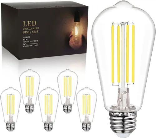 Miniatura 9 de BORT Paquete de 4 bombillas LED Edison ST58/ST19, color blanco cálido, 2700 K, equivalente a 6 W, bombillas LED de filamento de 60 W, regulables
