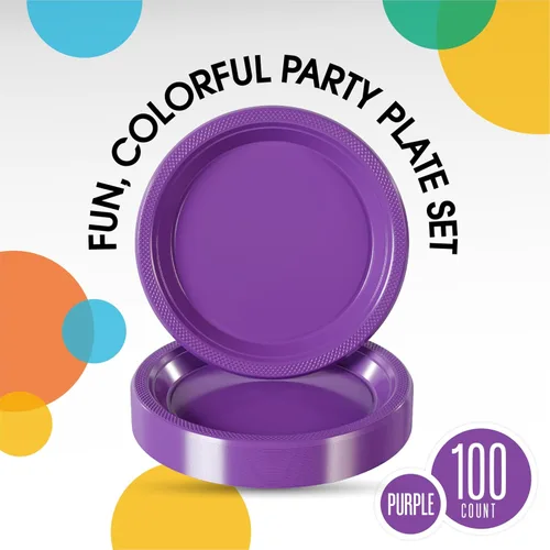 Miniatura 3 de Exquisitos platos de plástico morado Party Solids para fiesta, platos desechables morados de 7 pulgadas, suministros resistentes, 100 piezas