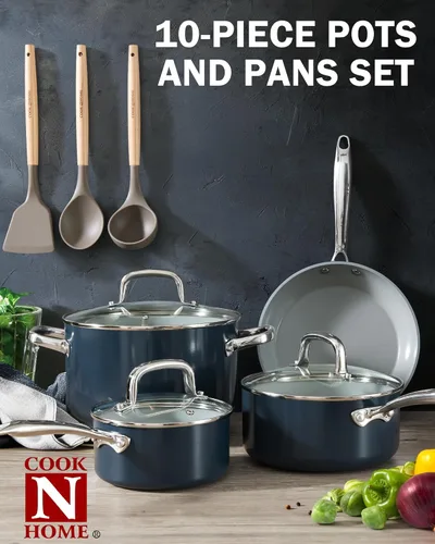 Miniatura 7 de Cook N Home Sartén antiadherente clásica con tapa de vidrio, cacerola anodizada dura de cerámica antiadherente con mango que se mantiene fresco, Azul
