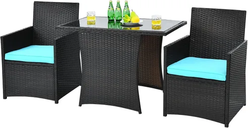 Miniatura 8 de HAPPYGRILL Juego de muebles de patio de 3 piezas, juego de mimbre de ratán PE para exteriores, con cojines lavables y mesa de vidrio templado