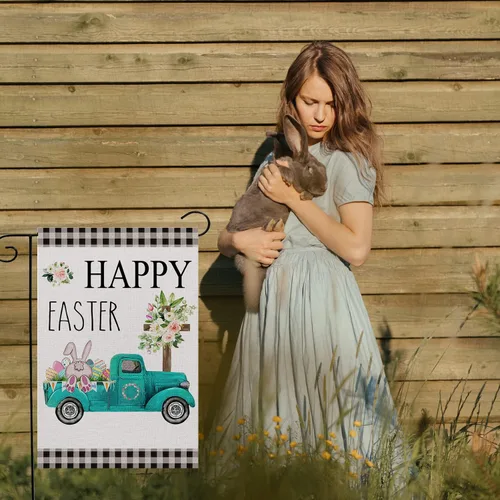 Miniatura 3 de Bandera de jardín con texto en inglés «Happy Easter» – Bandera de jardín de mariposa floral de 12 x 18 pulgadas para decoración al aire libre