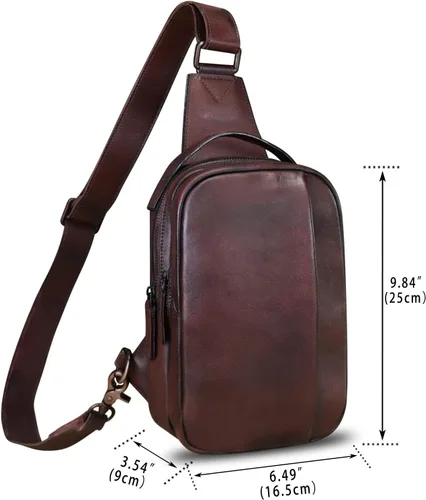 Miniatura 4 de LRTO Bolso de cuero genuino para hombres y mujeres, mochila bandolera de cuero real para el pecho, bolso cruzado, Café, Mochilas Sling