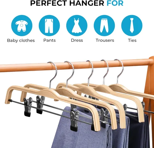 Miniatura 2 de JS HANGER Perchas de madera natural para pantalones con clips, paquete de 16 perchas de madera para faldas y pantalones para jeans, pantalones
