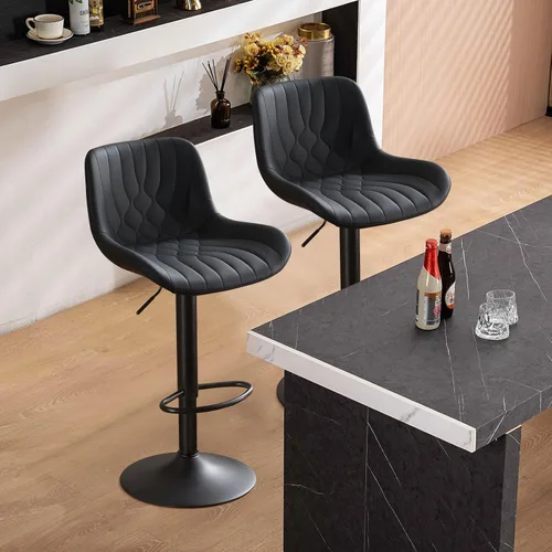 Miniatura 10 de Juego de 2 taburetes de bar modernos, taburetes de bar de cocina giratorios ajustables con respaldo, asientos acolchados de piel sintética, sillas