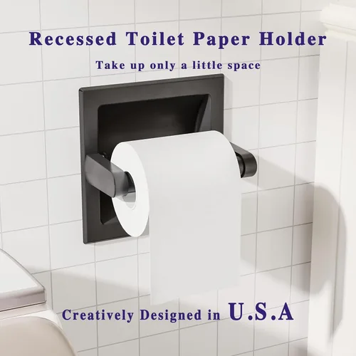 Miniatura 2 de Soporte de Papel Higiénico Negro Mate Empotrado para Rollos Grandes, Soporte de Papel Higiénico Negro Pivotante de Acero Inoxidable para Montaje