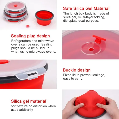 Miniatura 6 de Guyuyii Paquete de 4 Cuencos Plegables de Silicona con Tapas - Recipientes Redondos Anidables de Almacenamiento de Alimentos para Camping, RV y Rojo