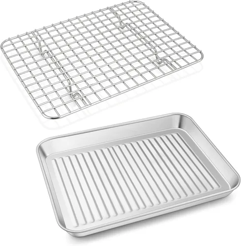 Miniatura 8 de P&P CHEF Bandeja para horno tostador con rejilla de alambre, bandeja para hornear de acero inoxidable, bandeja para tocino y rejilla de enfriamiento