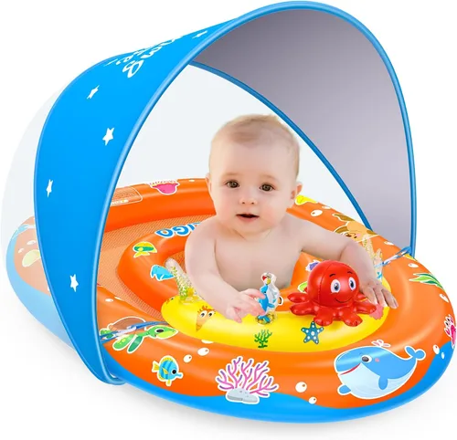 EZIGO Baby Pool Float with Canopy UPF 50+ Sun Protection, Double Air Chambers Infants Swimming Floats with Sound Toys Adjustable Safety Seat Toddler