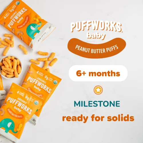 Miniatura 4 de Puffworks Baby Organic Peanut Butter Puffs, perfecto para la introducción temprana del maní, proteína a base de plantas, USDA orgánico, sin gluten